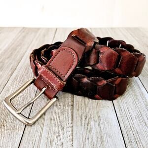 Men's Size 38 Brown Braided Woven Genuine Leather Silver Toned Buckled Belt Made